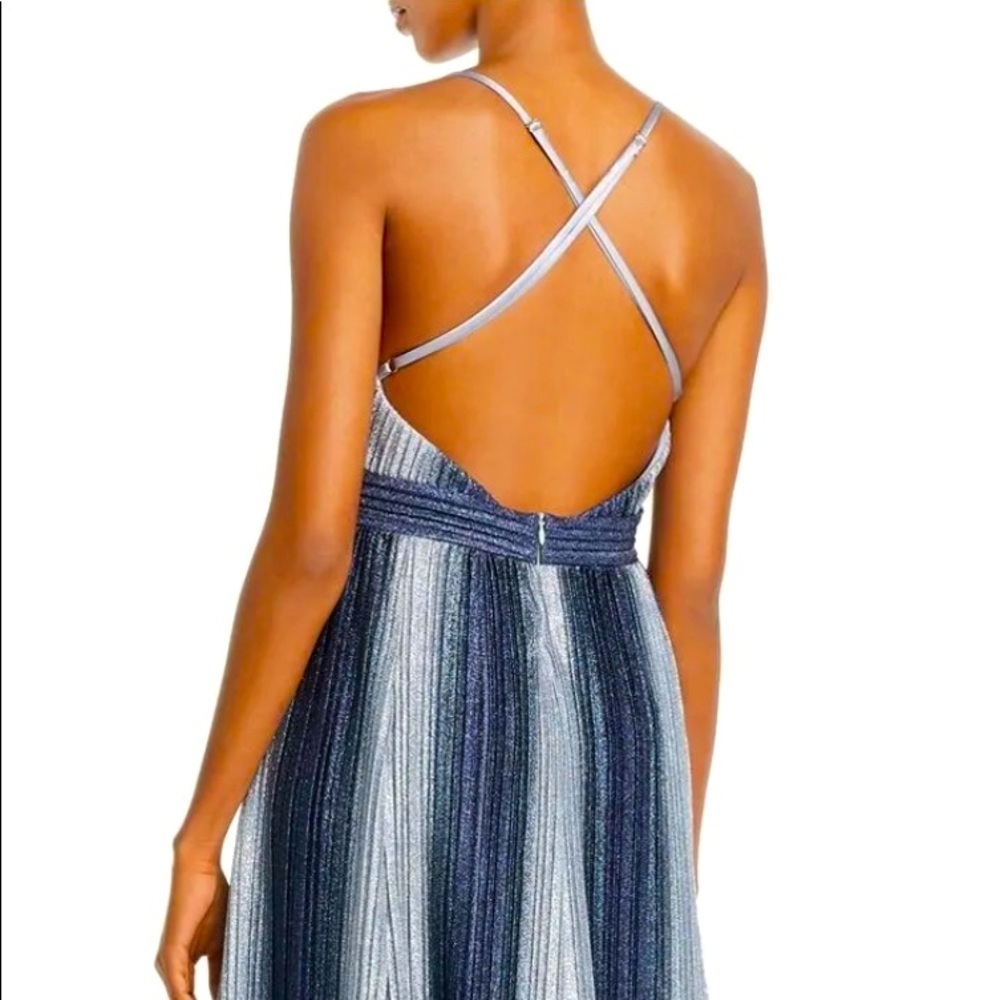 Women’s Formal Dress Size 8 AQUA Navy Pleated Glitter Striped Spaghetti Strap - Picture 6 of 6